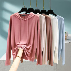 Thin Modal Hooded Sun Protection Clothing for Women, Summer Outer Wear, Loose T-Shirt, Large Size Jacket, Solid Color Long-Sleeved Shirt