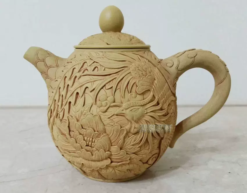 李朝　壺 臺灣手工段泥茶壺名家李崑明製荘國財精刻壺約