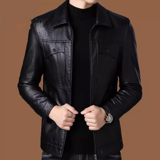 
Men's Genuine Leather Jacket Men's Autumn and Winter Slim Motorcycle Jacket Men's Casual Velvet Leather Jacket Men's Lapel