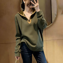 Green Hooded Sweatshirt for Women, New Spring Style, Fashionable, Age-Reducing, Loose, Slimming, Casual Base Hoodie Top