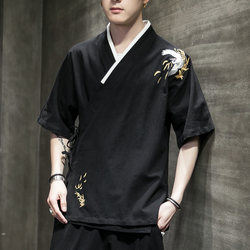 Crane Embroidery Short-Sleeve Men's Summer Diagonal Collar Hanfu Chinese-Style Five-Point T-Shirt Layman Tea Clothing Taoist Robe Jacket