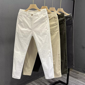 Simple white casual pants men's summer tide brand small straight pants spring and autumn men's nine -point pants business cotton bomb long pants