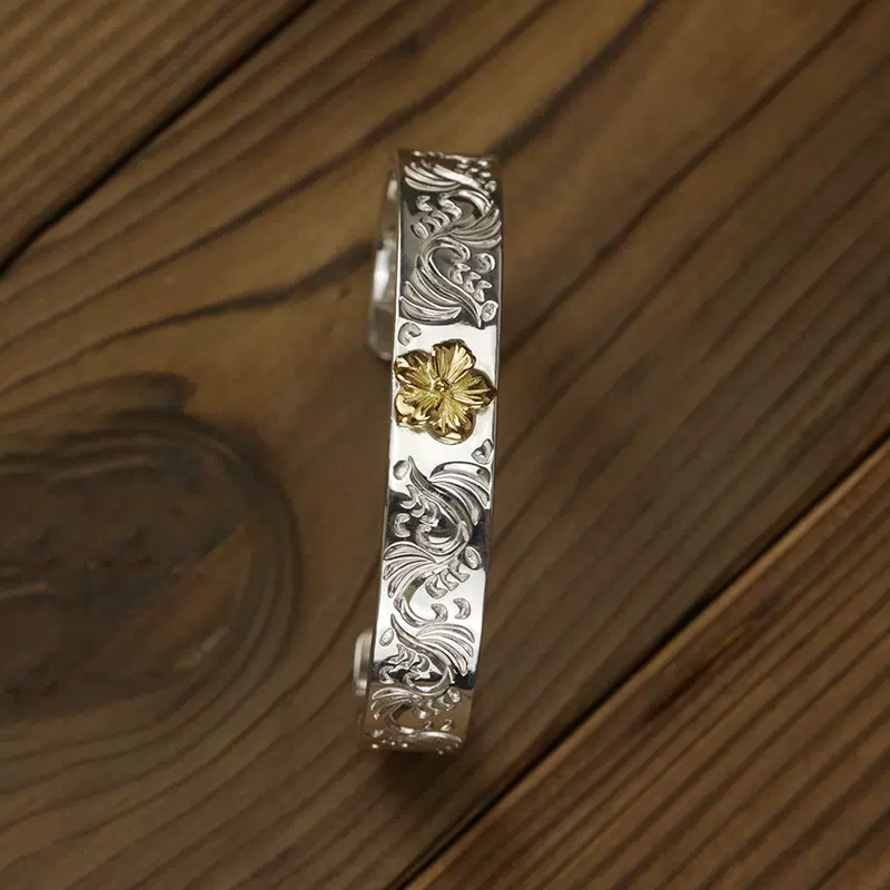 牛钝精工first Arrows点金蔷薇花唐草手镯手工开口925银镯子