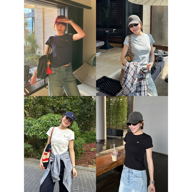 YANGLE_Front Shoulder Short Sleeve T-shirt for Women 2025 New Summer Minimalist Ins Style Slim Embroidered Top