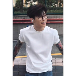 White Slim-Fit T-Shirt for Men with a Small Neckline, American-Style Heavy-Duty Cuffed Sleeves, Short-Sleeved, British-Style Casual, Regular Shoulder, Sports Half-Sleeve