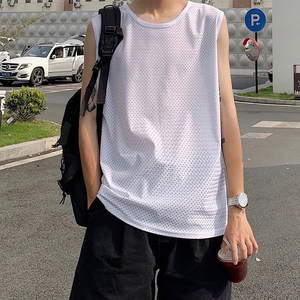 Summer thin ice silk eye vest, boys, sweat, sweat speed dry personality, loose, hollow cuffless T -shirt