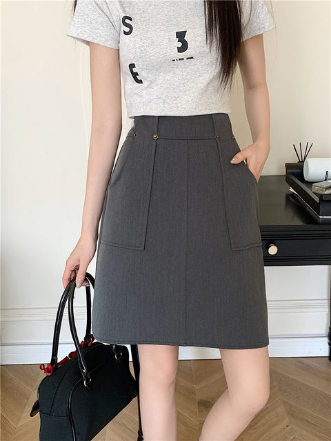 Large size retro gray suit skirt for women summer mid-skirt high waist pocket A-line skirt slim mid-length hip-cover skirt