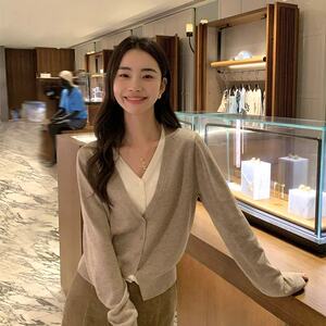 复古收藏家 V领假两件针织开衫女宽松气质薄款外套上衣