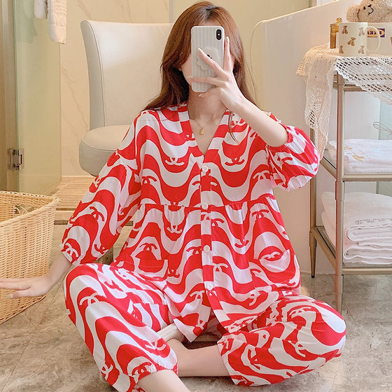 
Cotton silk pajamas for women in spring and autumn summer mother's seven-quarter sleeve home clothes cotton thin cotton suit fat MM large size red