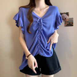 Plus-Size Stylish V-Neck Ruffled Knit Short-Sleeve T-Shirt for Women, Summer Style for Curvy Figures, Tummy-Concealing, Slimming, Regular Shoulder Base Shirt
