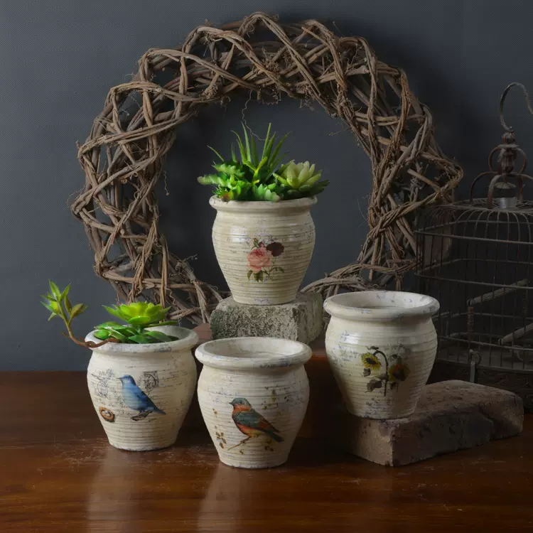米白手工复古红陶花盆美式田园多肉花器家居装饰阳台摆设