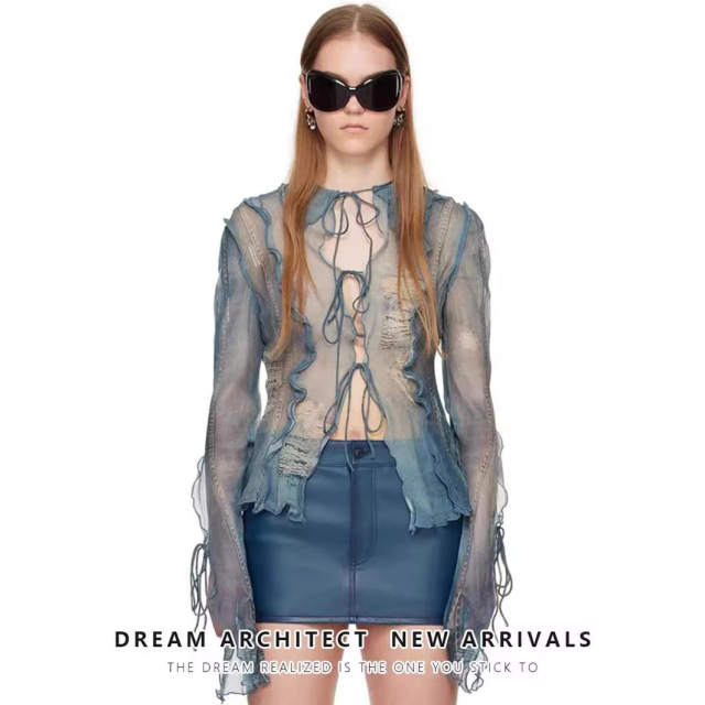 Niche design sense ripped lace perspective denim printed shirt female hottie sleeve hollow top for women