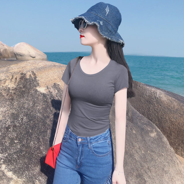 Age-reducing fashion beautiful smoke gray big round neck pure cotton slim T-shirt short-sleeved women's niche design top