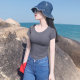Age-reducing fashion beautiful smoke gray big round neck pure cotton slim T-shirt short-sleeved women's niche design top