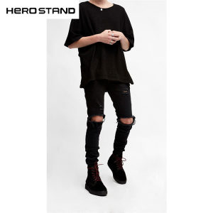 #HS High -quality Destroyed Pants versatile pure black hole slim -fitting elastic small feet jeans men's tide