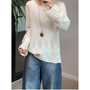 
100% cashmere sweater European station 2025 new autumn fashion hook pattern hollow embroidery round neck sweater for women