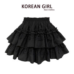 Ballet-Style Black Lace Cake Tutu Skirt for Women, Spring and Autumn Sweet High-Waisted A-Line Anti-Exposure Short Skirt
