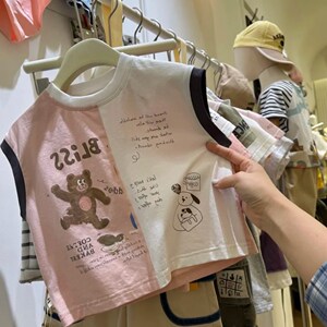 
Children's cartoon color-blocking fashionable vest pure cotton thin sleeveless T-shirt boy and girl baby personality round neck top Korean