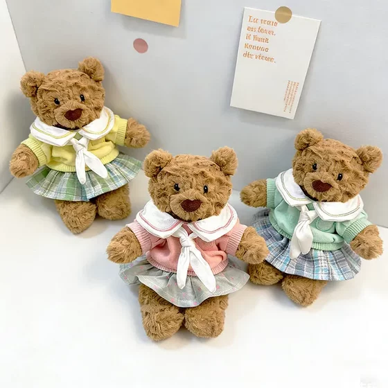 
Baby clothes only] 16cm Barcelona bear replacement plush doll bear lapel shirt plaid skirt teddy bear baby clothes