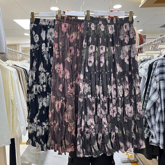 Super large oil painting rose crushed folds skirt autumn Korean version of niche slumper print pleated long skirt