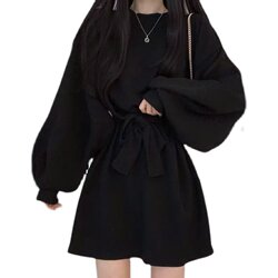 Autumn and Winter Fashionable Elegant Waist-Cinching Slimming Inner Wear Age-Reducing Loose Lantern Sleeve Mid-Length Dress Women's Skirt Summer