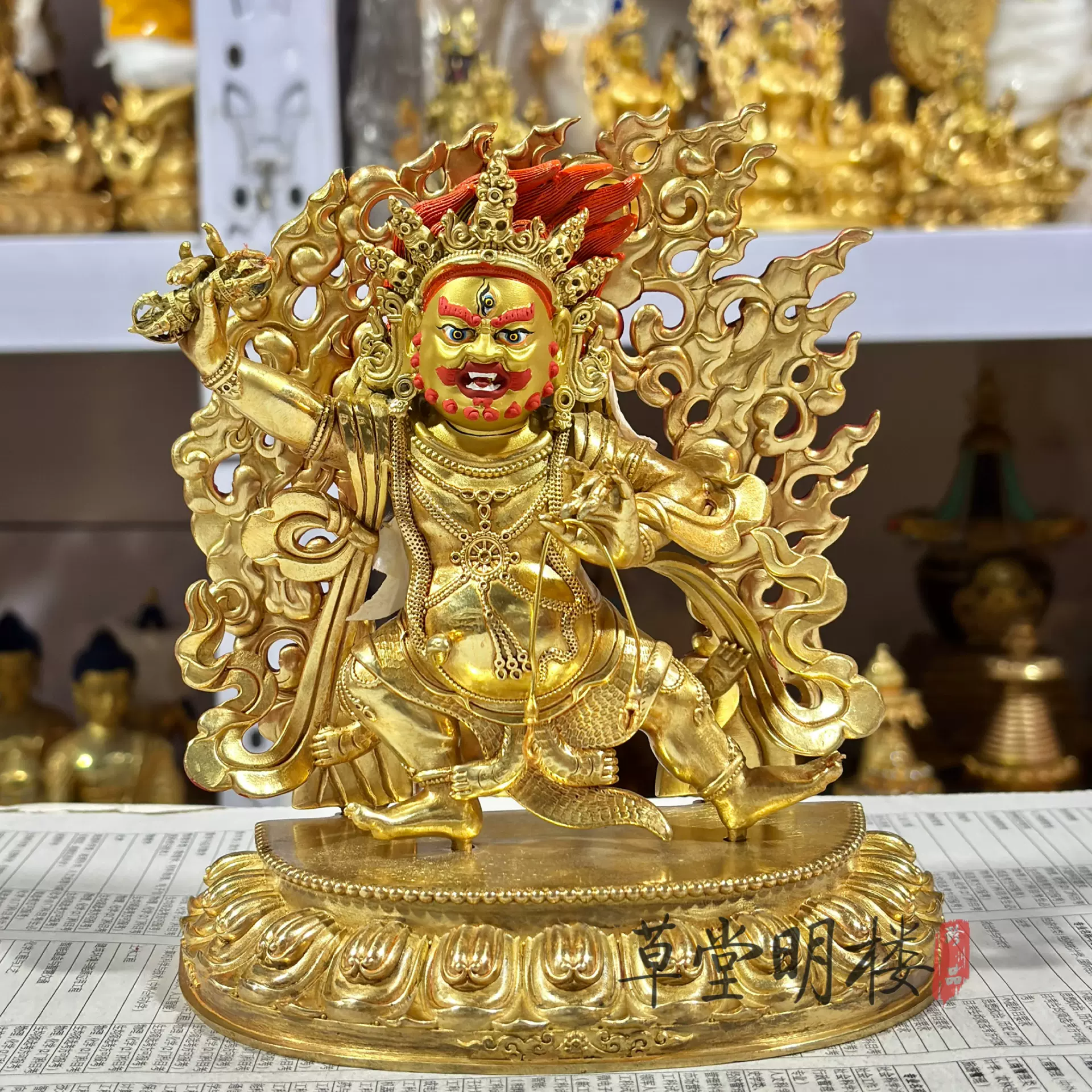 西蔵古廟搜集 銅製金 三頭八臂 摩利支天仏母 古