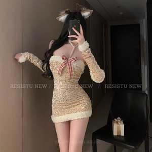 
RESISTU Sparkling Candlelight Night Christmas Glitter Atmosphere Wearing Hip Skirt Sexy Golden Pure Desire Dress for Women