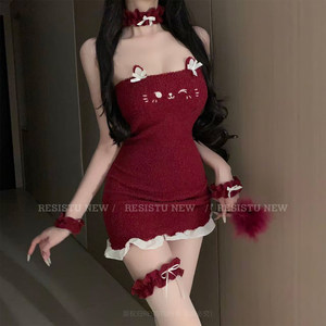 
RESISTU warm winter year of the horse red animal year cos Christmas tube top dress sexy home bunny girl warm nightgown