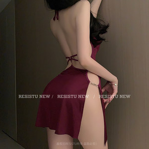 RESISTU strong love, spring and summer red suspender skirt, sexy pajamas, female royal sister, backless halter neck and hip short nightgown
