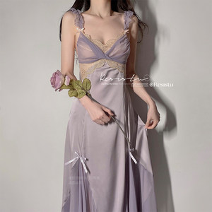 Resistu Charm Purple Kite sexy pajamas female 2022 new off -back suspender nightdress net yarn pure desire home service