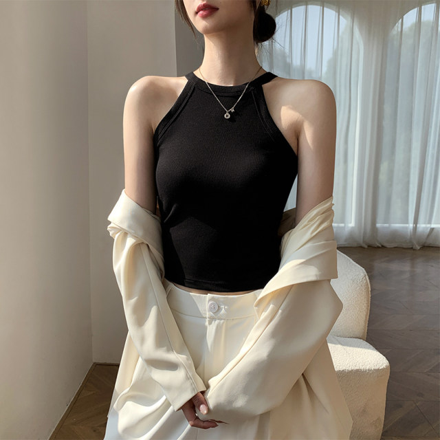 Black halter neck beautiful back suspender vest for women summer short style with chest pad cup integrated inner top
