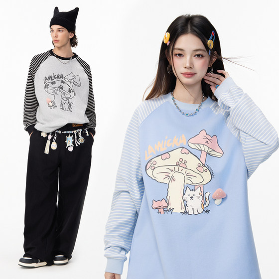 
LAMLICKA American striped raglan long-sleeved T-shirt for men in autumn trendy brand retro splicing round neck loose top for women