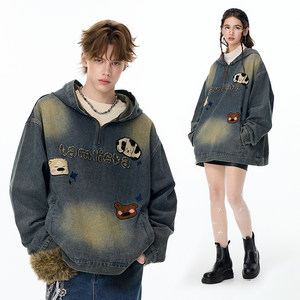 
LAMLICKA blue American washed half-zip denim jacket men's autumn and winter retro trendy brand loose hooded jacket