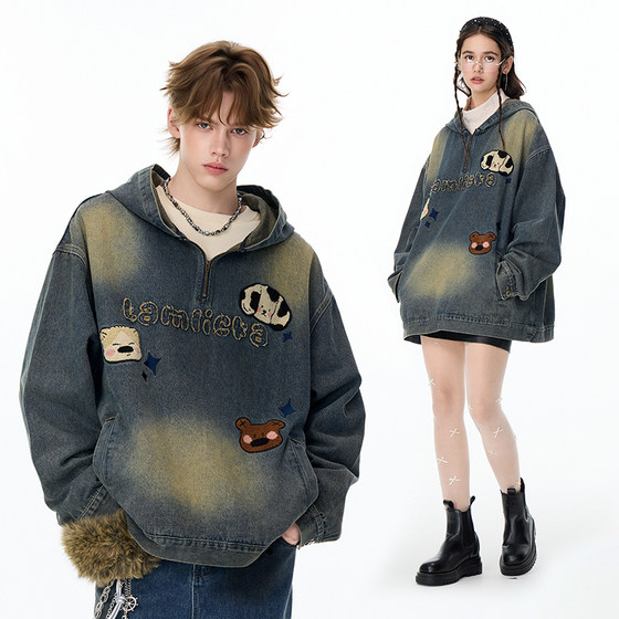 
LAMLICKA blue American washed half-zip denim jacket men's autumn and winter retro trendy brand loose hooded jacket