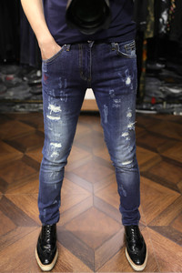 
Recommended high-quality heavy industry art destruction lining patch washing elastic comfortable slim fit jeans for men