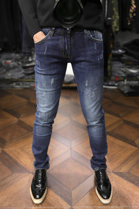 Not Many Goods in Milan Station Crown Show Style Heavy Industry Water Wash Stone Grinding Worn Out Elastic Slim Fit Small Feet Jeans for Men