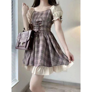 
Super fairy summer sweet plaid puff sleeve college style waist-hugging slimming dress fake two-piece high-waist short skirt