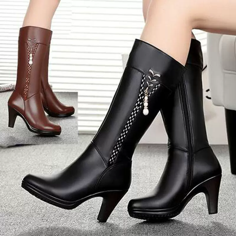 冬季新款薏尓康真皮羊毛長筒靴高跟中筒靴粗跟皮棉靴高筒馬靴女鞋-Taobao