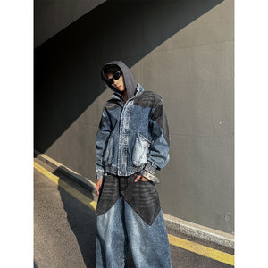 
THREENINE retro stitching large pocket design denim jacket jacket men's scimitar jeans fashion suit