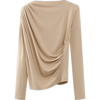 Chenles long-sleeved pleated irregular bateau neck T-shirt