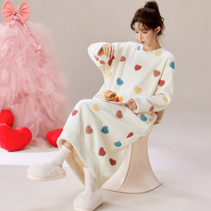 Women's nightgown autumn and winter long coral velvet plush pajamas winter plus velvet warm half velvet women's home clothes