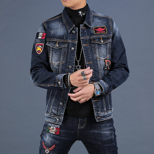 Men's embroidered high-end denim jacket men's trendy brand loose denim ...