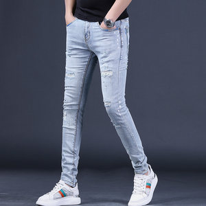 
2025 new summer style light blue ripped jeans for men, trendy brand, slim, trendy, casual, small feet pants, Korean style thin