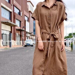 
100% hemp dress on plum rain, linen short-sleeved loose shirt skirt, breathable, moisture-absorbing, goodbye to sticky
