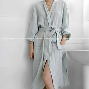 
100% natural hemp bathrobe, loose mid-length lace-up cardigan, hotel travel pajamas for men and women, comfortable and breathable