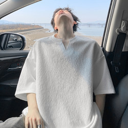 Textured V-Neck Short-Sleeved T-Shirt for Men, Summer Ice Silk Thin Style, 2026 New American High Street Fashion Brand, Solid Color Half-Sleeve