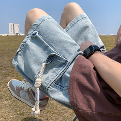 Drawstring Workwear Denim Shorts for Men, Summer Thin Style, American Retro Loose Fit, Trendy Brand, Plus Size Mid-Length Pants