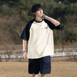 Raglan Patchwork Short-Sleeve T-Shirt for Men, Summer 2026 New Heavy Cotton Half-Sleeve Loose Trendy Brand Five-Quarter Sleeve Tee