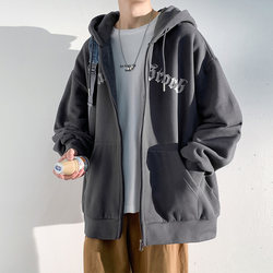 Heavyweight Hooded Sweatshirt for Men, Spring, Autumn and Winter, American Style Trendy Brand, Youth Boys, Fleece-Lined, Thick Zip-Up Cardigan Jacket