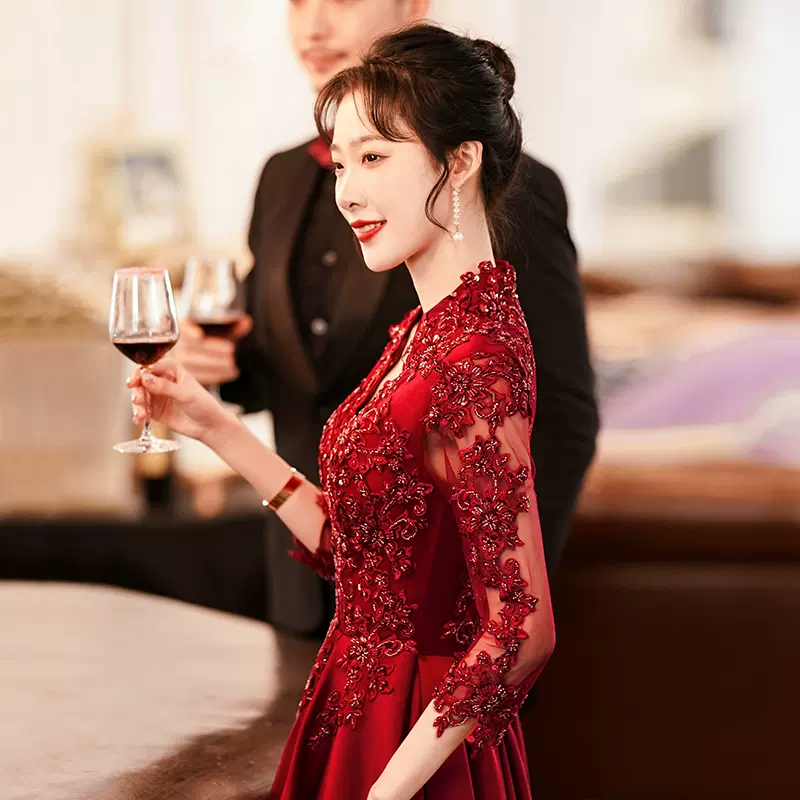 敬酒服新娘高级感冬季长袖女结婚高级感酒红色订婚晚礼服裙回门服-Taobao